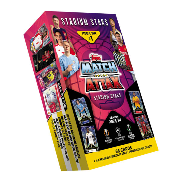 BUY 2023-24 TOPPS MATCH ATTAX UEFA CHAMIONS LEAGUE CARDS PINK STADIUM STARS MEGA TIN IN WHOLESALE ONLINE